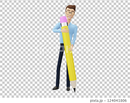 Cheerful 3D cartoon man proudly embraces a giant pencil, symbolizing creativity, ideas, and writing.  Perfect for education, design, or backtoschool projects. 124041806