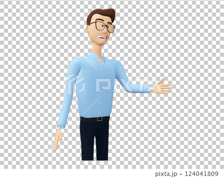 Friendly 3D cartoon businessman extends a welcoming hand, perfect for website banners, presentations, or illustrating concepts of collaboration, invitation, and opportunity. 124041809