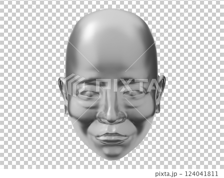 A serene, metallic head sculpture, rendered in smooth, polished silver. A serene, metallic head sculpture, rendered in smooth, polished silver. 124041811