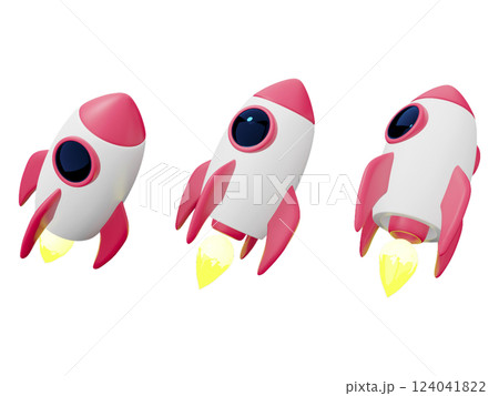 Three cute, cartoon rockets in pink and white blast off  Perfect for websites, apps, or presentations needing a playful, dynamic, startup, or success theme. 124041822