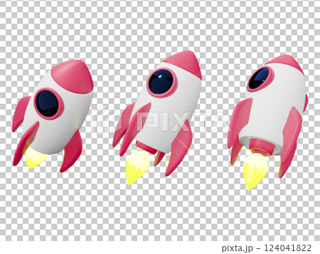 Three cute, cartoon rockets in pink and white blast off  Perfect for websites, apps, or presentations needing a playful, dynamic, startup, or success theme. 124041822