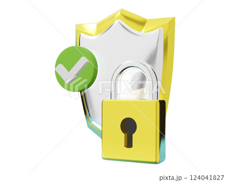 3D rendering of a gold shield, padlock, and green checkmark. Illustrates security, data protection, and successful verification. 3D rendering of a gold shield, padlock, and green checkmark. Illustrates security, data protection, and successful verification. 124041827