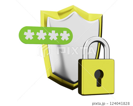 Cybersecurity concept 3D illustration of a shield, padlock, and password, symbolizing data protection and online security. 124041828