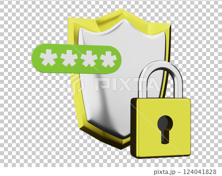 Cybersecurity concept 3D illustration of a shield, padlock, and password, symbolizing data protection and online security. Cybersecurity concept 3D illustration of a shield, padlock, and password, symbolizing data protection and online security. 124041828