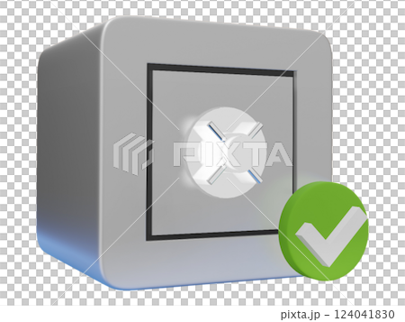 Secure digital vault concept. A 3D rendered illustration of a safe with a green checkmark, symbolizing data security, privacy, and protection. Secure digital vault concept. A 3D rendered illustration of a safe with a green checkmark, symbolizing data security, privacy, and protection. 124041830