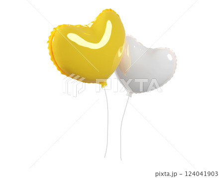 Two heartshaped balloons, one yellow with a subtle smile design and the other white, float against a pure white background. Perfect for Valentines Day, celebrations, or conveying joy and love. Two heartshaped balloons, one yellow with a subtle smile design and the other white, float against a pure white background. Perfect for Valentines Day, celebrations, or conveying joy and love. 124041903