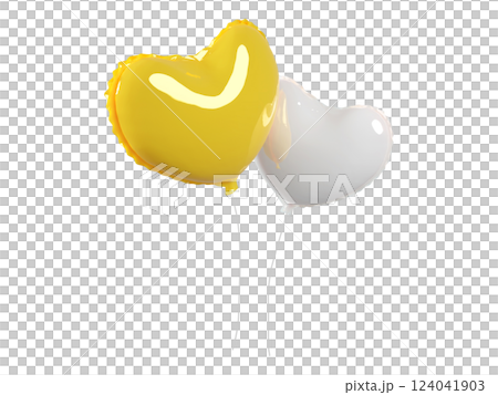 Two heartshaped balloons, one yellow with a subtle smile design and the other white, float against a pure white background.  Perfect for Valentines Day, celebrations, or conveying joy and love. 124041903