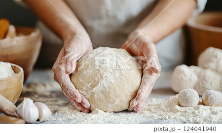 Baker kneading dough on wooden table in bakery or kitchen 124041940