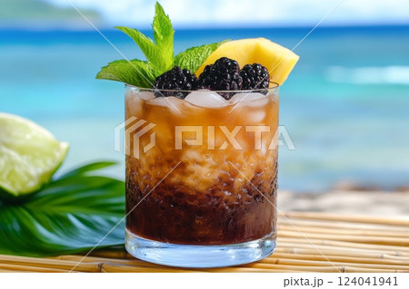 Tropical green cocktail decorated with fresh fruit and mint 124041941