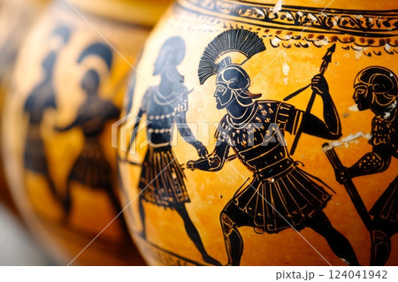 Ancient greek pottery depicting warriors preparing for battle 124041942