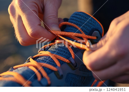 Runner tying shoelaces on running shoes at sunset 124041951