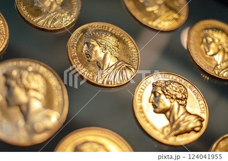 Gold coins representing roman emperors showing history and power 124041955