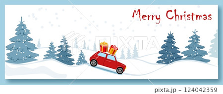 Celebrate winter with a festive red car carrying colorful gifts through a snowy landscape adorned with evergreen trees Celebrate winter with a festive red car carrying colorful gifts through a snowy landscape adorned with evergreen trees 124042359