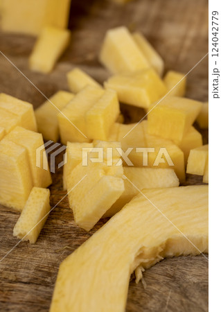 orange pumpkin fruit details cut into pieces for cooking 124042779