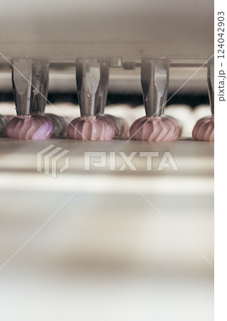 Confectionery factory. Zephyr and marshmallows production line machine, close-up 124042903