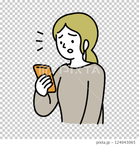 Vector illustration of a woman with a troubled expression looking at her smartphone 124043065