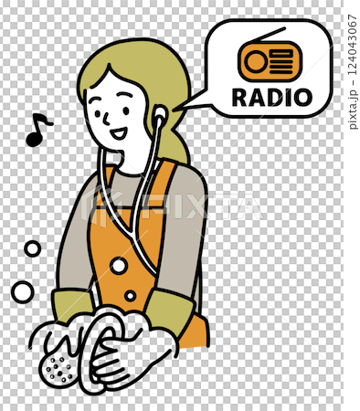 ラジオを聴きながら皿洗いをする女性のベクターイラスト ラジオを聴きながら皿洗いをする女性のベクターイラスト 124043067