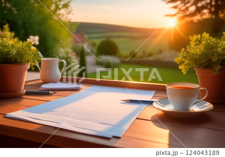Comfort zone on balcony for evening tea and notes, reflections overlooking countryside Comfort zone on balcony for evening tea and notes, reflections overlooking countryside 124043189