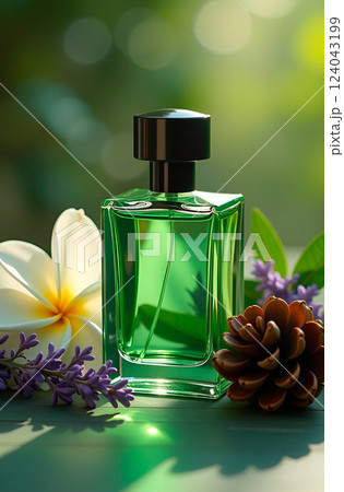 Perfume in green bottle next to magnolia flowers, lilacs and pinecones. Fragrance composition Perfume in green bottle next to magnolia flowers, lilacs and pinecones. Fragrance composition 124043199