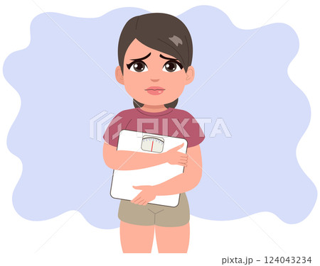Overweight Woman Holding Weight Scale Vector Illustration 124043234
