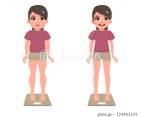Before And After Diet Woman With Weight Scale Vector Illustration 124043235