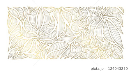 Vector art deco leaves luxury background, elegant vintage fancy floral pattern. Jungle gatsby ornament, line hand drawn wavy nature wallpaper. Baroque illustration. 124043250