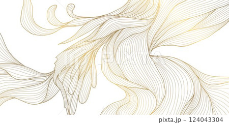 Vector gold on white floral line wave, japanese style abstract leaf pattern. Fancy, art deco botanical, organic premium shape, luxury flower design, ornate drawing 124043304