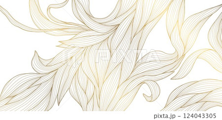 Vector gold on white floral line wave, japanese style abstract leaf pattern. Fancy, art deco botanical, organic premium shape, luxury flower design, ornate drawing 124043305