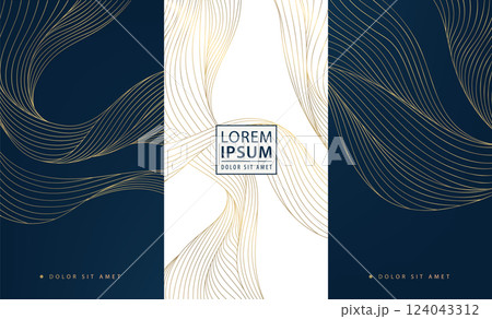 Vector set of gold line texture wave labels, japanese elegant package. Nature template brochures, liquid premium illustrations. 124043312