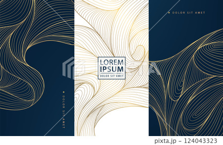 Vector set of gold line texture wave labels, japanese elegant package. Nature template brochures, liquid premium illustrations 124043323