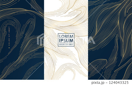 Vector set of gold line texture wave labels, japanese elegant package. Nature template brochures, liquid premium illustrations Vector set of gold line texture wave labels, japanese elegant package. Nature template brochures, liquid premium illustrations 124043325