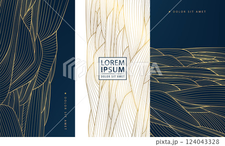 Vector set if gold line landscapes, luxury leaves abstract design, organic floral japanese elegant ornament, wine pattern, perfume, cosmetics, beauty package. 124043328