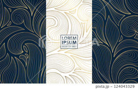 Vector set of gold luxury art deco backgrounds, nature fancy ornate pattern. Leaf floral wine, spa, beauty products, perfume, tea design. Vintage box elegant template. Vector set of gold luxury art deco backgrounds, nature fancy ornate pattern. Leaf floral wine, spa, beauty products, perfume, tea design. Vintage box elegant template. 124043329