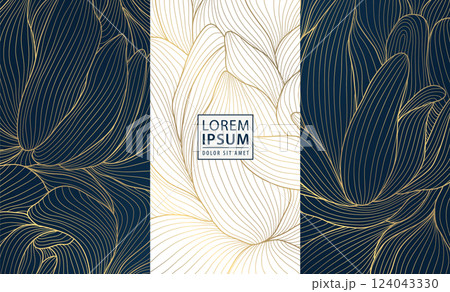 Vector set of gold luxury art deco backgrounds, nature fancy ornate pattern. Leaf floral wine, spa, beauty products, perfume, tea design. Vintage box elegant template. 124043330