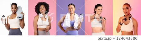 A group of five women are engaged in a fitness session, each holding water bottles and towels. They display smiles and enthusiasm, showcasing a vibrant atmosphere of wellness and exercise. A group of five women are engaged in a fitness session, each holding water bottles and towels. They display smiles and enthusiasm, showcasing a vibrant atmosphere of wellness and exercise. 124043580
