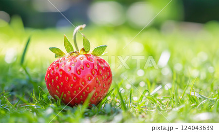 Fresh red strawberry resting on soft green grass in a bright sunny garden 124043639