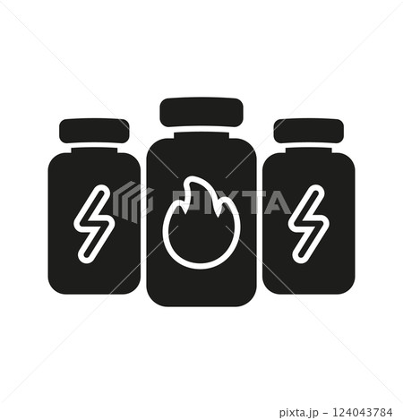 Supplement bottles with energy and fire symbols solid icon. Energy boost and metabolism enhancement with supplements silhouette symbol. Isolated vector illustration 124043784