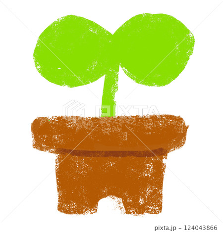 シンプルイラスト　クレヨンタッチ　植木鉢とふたばの新芽 124043866
