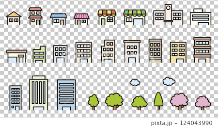 各種建築物和樹木的圖標集 124043990