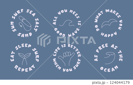Cute monochrome quotes, icons abour surfing, freedon, ocean. Vector design with text for t shirt, merch, stickers. Cute monochrome quotes, icons abour surfing, freedon, ocean. Vector design with text for t shirt, merch, stickers. 124044179
