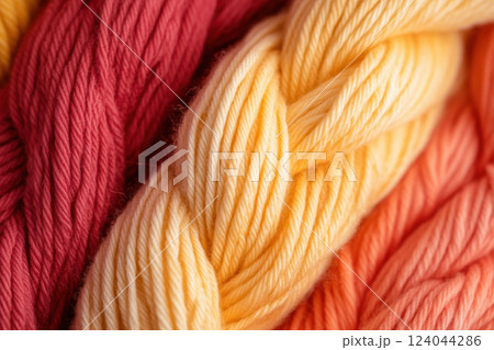 Braided multicolored yarn in shades of red, yellow, and orange for knitting and crafting projects, AI Generative Braided multicolored yarn in shades of red, yellow, and orange for knitting and crafting projects, AI Generative 124044286