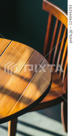Sunlit wooden table and chair with warm tones and shadows in minimalist setting, AI Generative 124044293