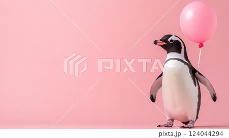 Penguin standing with pink balloon against pastel background, AI Generative 124044294