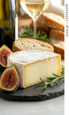 Gourmet cheese platter with fresh figs, bread, and white wine on rustic slate background, AI Generative Gourmet cheese platter with fresh figs, bread, and white wine on rustic slate background, AI Generative 124044309