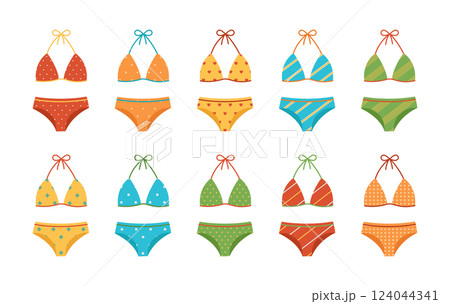 Colorful swimsuits set with different patterns. Fashion bikini collection. Bathing bras and panties. Women's clothes for summer vacation. Vector flat illustration isolated on white background 124044341