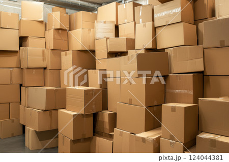 Stacked cardboard boxes in a storage room for packaging and shipping logistics concept, AI Generative Stacked cardboard boxes in a storage room for packaging and shipping logistics concept, AI Generative 124044381