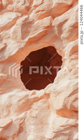 Natural erosion creates a unique cave formation in a sandy red rock cliff face, highlighted by sunlight, AI Generative 124044466