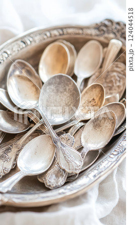 Antique silver spoons arranged on ornate tray displaying vintage elegance, AI Generative 124044518