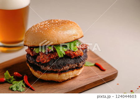 Delicious gourmet burger with spicy relish and fresh cilantro served with beer, AI Generative 124044603