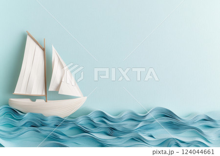 Paper sailboat gliding on gentle blue waves in minimalist nautical design, AI Generative 124044661